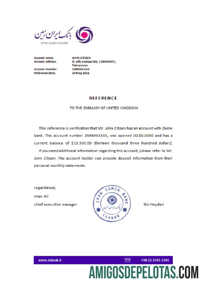 Referência do Banco Zamin do Irã modelo